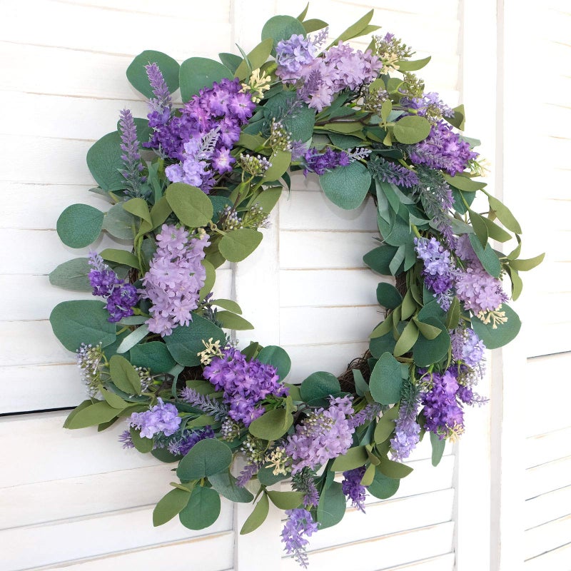 idyllic 18â€Artificial Flower Eucalyptus Leaves Wreath Rustic Farmhouse Decorative Floral Wreath for Front Door Window Wedding Spring, Purple - Image 3
