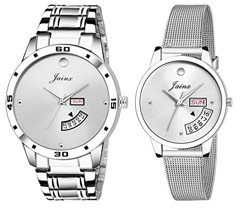 jainx Day and Date Silver Dial Steel Chain Gift Set Analog Wrist Watch for Couple - JC452 - Image 1