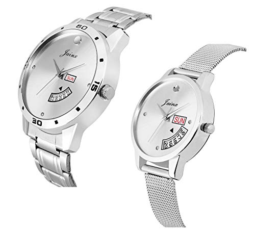 jainx Day and Date Silver Dial Steel Chain Gift Set Analog Wrist Watch for Couple - JC452 - Image 4
