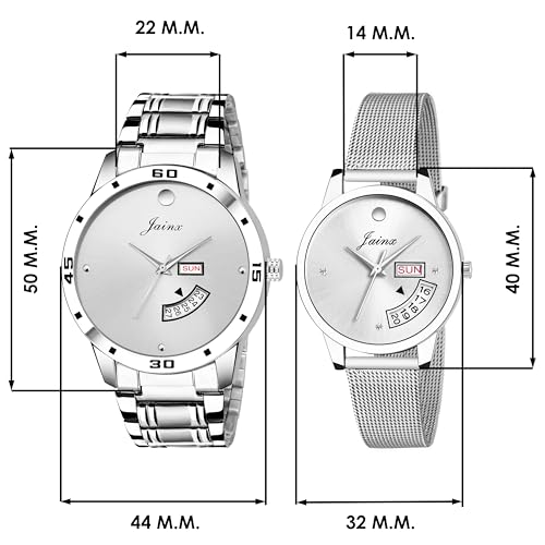 jainx Day and Date Silver Dial Steel Chain Gift Set Analog Wrist Watch for Couple - JC452 - Image 2