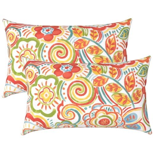 LVTXIII Outdoor/Indoor Lumbar Pillows, Decorative Patio Lumbar Cushions, Fluffy Water Repellent Garden Cushions for Home Patio Coach Sofa Use, 12×20 Inch, Pack of 2, Flower Multi - Image 1