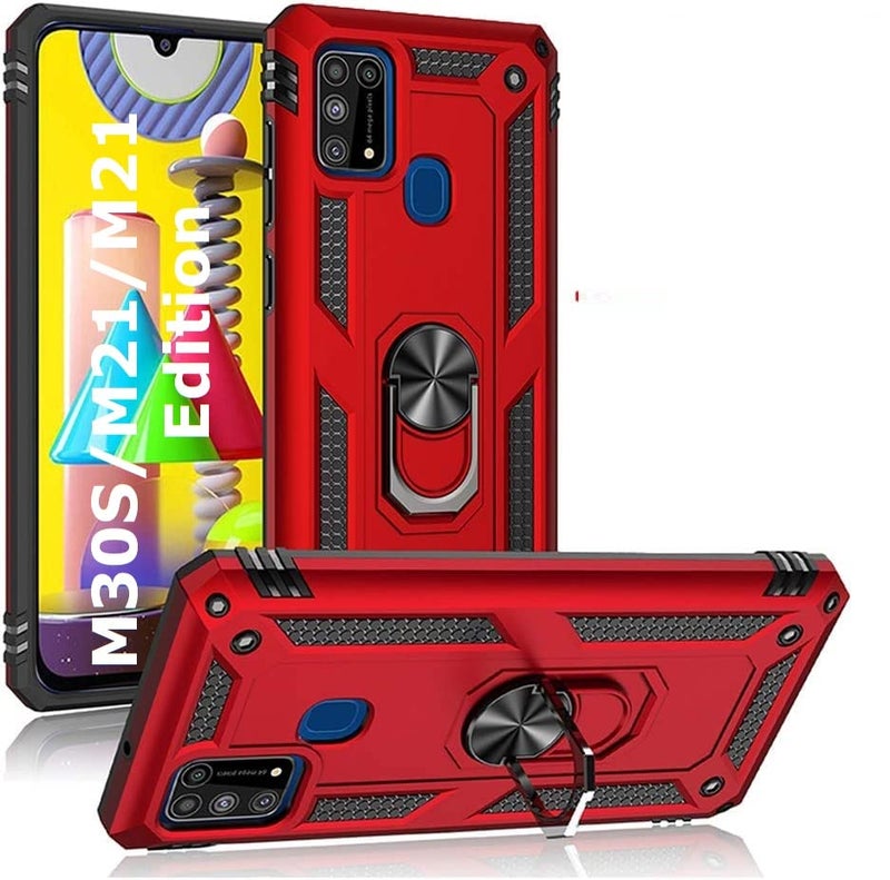 REALCASE TPU+PC Samsung M21 2021 Edition|M21|M30S Back Cover Case|Heavy Duty Dual Layer Hybrid Shock Proof Armor Defender Ring Case Back Cover For Samsung M21 2021 Edition|M21|M30S (Red) - Image 1