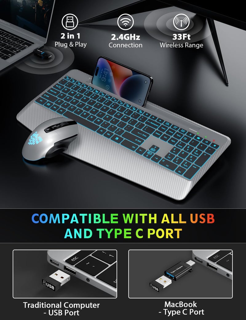 SABLUTE Wireless Keyboard and Mouse Backlits, Wrist Rest, LED Mouse, Rechargeable Ergonomic Keyboard with Phone Holder, Silent Light Up Combo for Computer, Mac, PC, Laptop, Chromebook (Silver Black) - Image 5