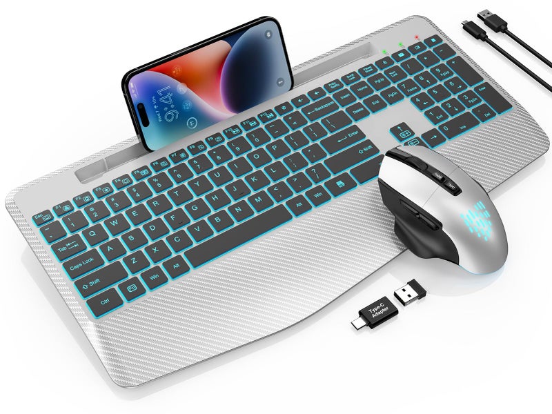 SABLUTE Wireless Keyboard and Mouse Backlits, Wrist Rest, LED Mouse, Rechargeable Ergonomic Keyboard with Phone Holder, Silent Light Up Combo for Computer, Mac, PC, Laptop, Chromebook (Silver Black) - Image 1