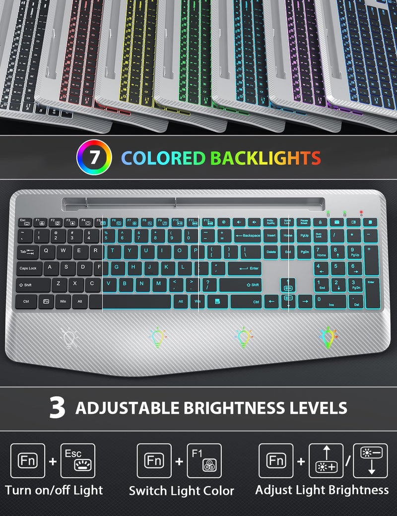 SABLUTE Wireless Keyboard and Mouse Backlits, Wrist Rest, LED Mouse, Rechargeable Ergonomic Keyboard with Phone Holder, Silent Light Up Combo for Computer, Mac, PC, Laptop, Chromebook (Silver Black) - Image 2