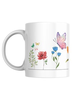 Floral Butterfly Coffee Mug, White Ceramic Cup with Garden Design, 11 oz