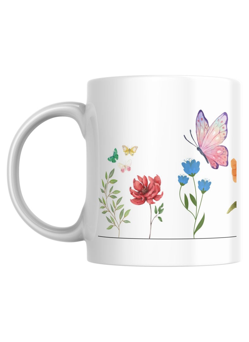 SiestaSafari - Floral Butterfly Coffee Mug, White Ceramic Cup with Garden Design, 11 oz - Image 1
