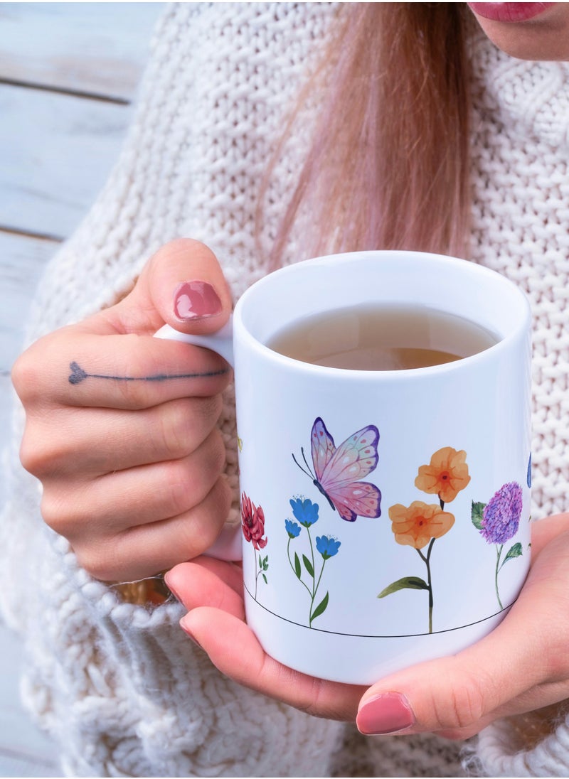 SiestaSafari - Floral Butterfly Coffee Mug, White Ceramic Cup with Garden Design, 11 oz - Image 1