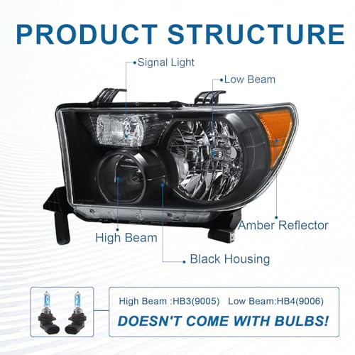 Fullux for 2007-2013 Toyota Tundra Headlights Assembly Compatible with 2008-2017 Toyota Sequoia 2 Headlamps Black Housing Amber Reflector - Image 3