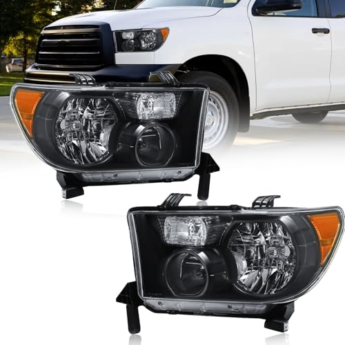 Fullux for 2007-2013 Toyota Tundra Headlights Assembly Compatible with 2008-2017 Toyota Sequoia 2 Headlamps Black Housing Amber Reflector - Image 1