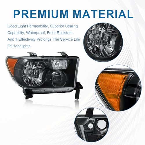 Fullux for 2007-2013 Toyota Tundra Headlights Assembly Compatible with 2008-2017 Toyota Sequoia 2 Headlamps Black Housing Amber Reflector - Image 2