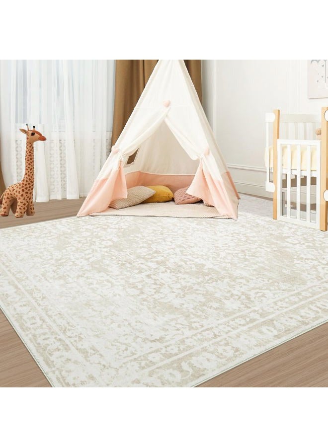 Aoyaomi Vintage Living Room Area Rug - 5x7 Large Machine Washable Boho Area Rug Distressed Floral Rugs for Bedroom, Soft Non-Slip Indoor Floor Accent Rugs for Office Dining Room (Cream Beige, 5'x7') - Image 5