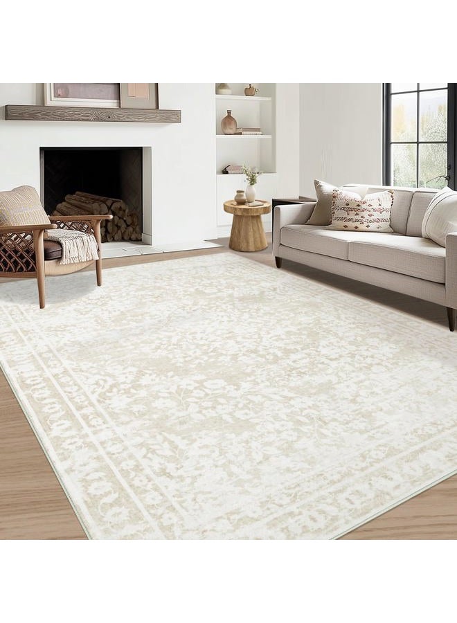 Aoyaomi Vintage Living Room Area Rug - 5x7 Large Machine Washable Boho Area Rug Distressed Floral Rugs for Bedroom, Soft Non-Slip Indoor Floor Accent Rugs for Office Dining Room (Cream Beige, 5'x7') - Image 1