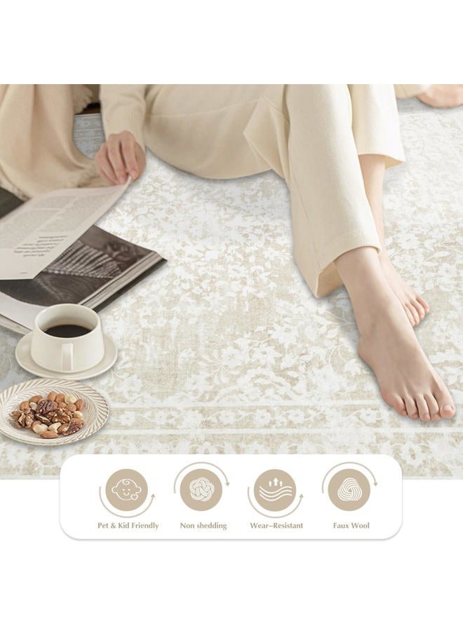 Aoyaomi Vintage Living Room Area Rug - 5x7 Large Machine Washable Boho Area Rug Distressed Floral Rugs for Bedroom, Soft Non-Slip Indoor Floor Accent Rugs for Office Dining Room (Cream Beige, 5'x7') - Image 3