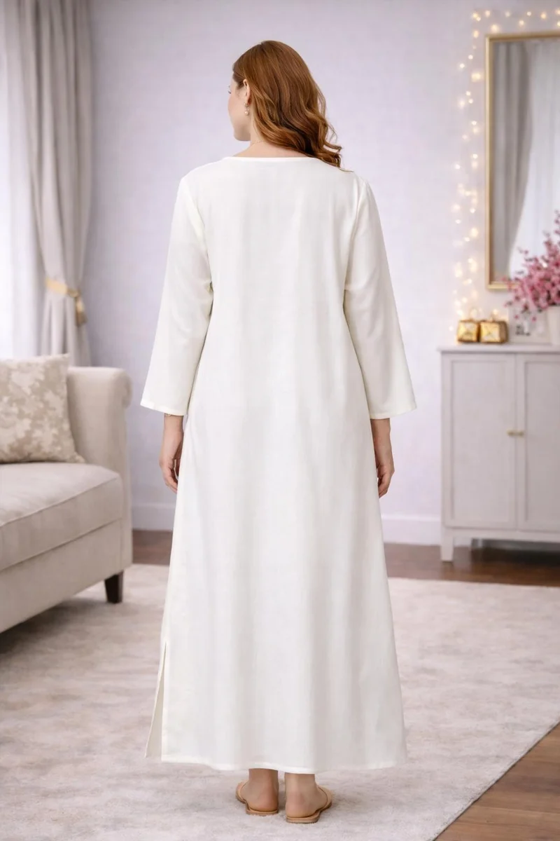 Artemea Women's Ivory Gold Embroidered Premium Rayon Ankle-Length Jalabiya Dress