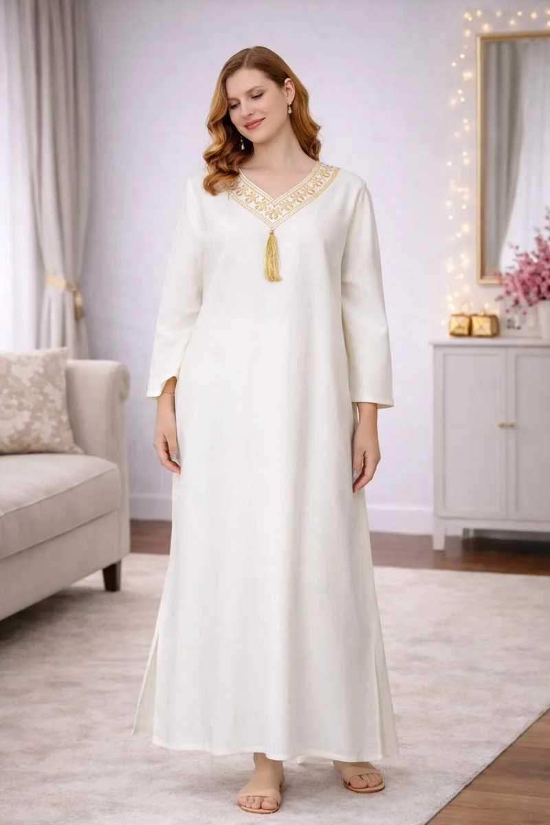 Artemea Women's Ivory Gold Embroidered Premium Rayon Ankle-Length Jalabiya Dress