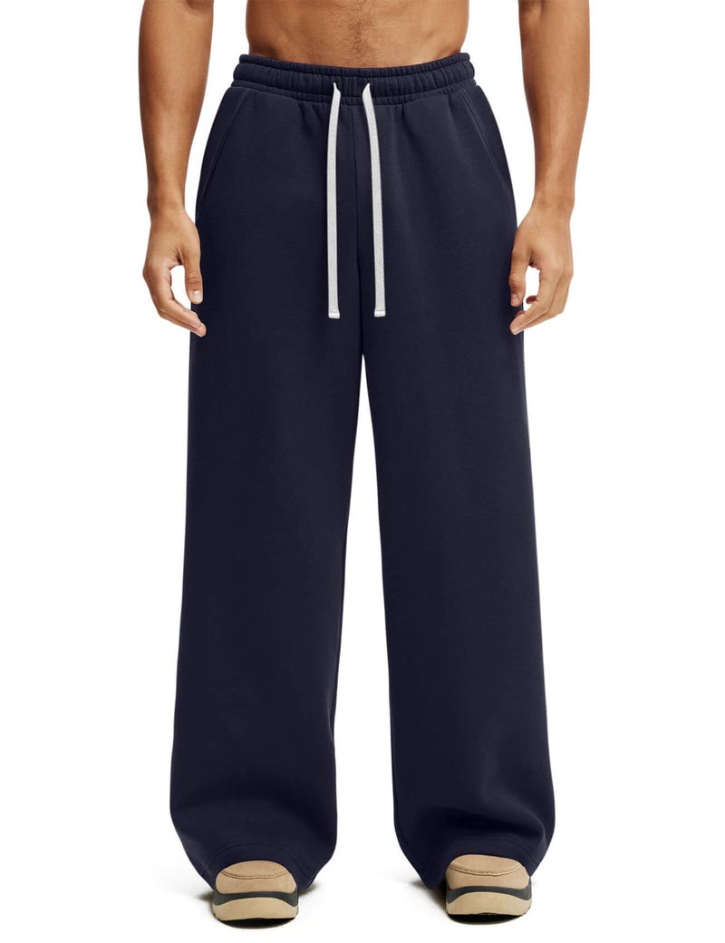 HeSaYep Men's Baggy Sweatpants Wide Leg Fleece Lined Lounge Sweat Pants Winter Thermal Cotton Athletic Pants Open Bottom Straight Leg Workout Pants with Pockets Navy Blue S - Image 1