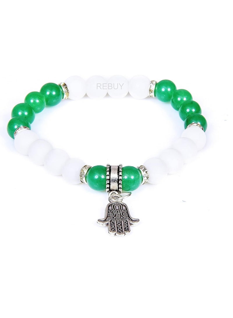 REBUY Green Aventurine White Hakik Agate Stone Bracelet with Hamsa Hand Reiki Stones Bracelets,Size 8mm, Natural Gemstone Bracelets | Charged Activated Energized Bracelets for Both Men & Women By REBUY - Image 1