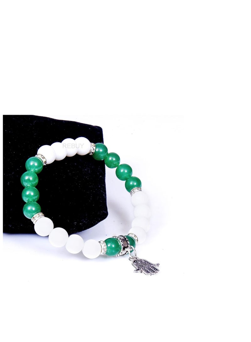 REBUY Green Aventurine White Hakik Agate Stone Bracelet with Hamsa Hand Reiki Stones Bracelets,Size 8mm, Natural Gemstone Bracelets | Charged Activated Energized Bracelets for Both Men & Women By REBUY - Image 2