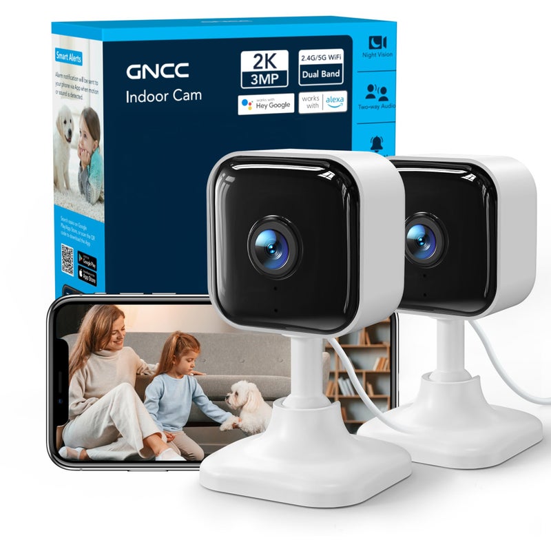 GNCC 2K Indoor Cameras for Home Security with Phone App, 2.4G/5G Baby Monitor, Pet Cam w/Human/Motion/Sound Detection, IR Night Vision, Cloud & SD Card Storage, Compatible with Alexa, Plug-in, 2 Pack - Image 1