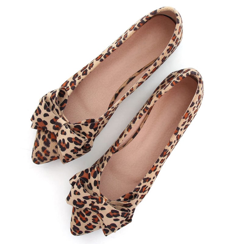 SAILING LU BowKnot Ballet Flats Womens Pointy Toe Flat Shoes Suede Dress Shoes Wear to Work Slip On Moccasins Leopard Yellow Size 85