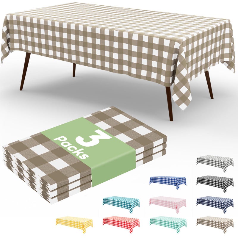 misaya 3 Packs Buffalo Disposable Table Cloth, 54 x 108 Inch Waterproof Plastic Tablecloth, Rectangle White and Khaki Checkered Table Covers for Picnic, Birthday, Party - Image 1