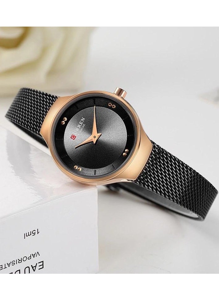 CURREN - Women's Waterproof Stainless Steel Mesh Band Quartz Watch 9028-Black - Image 1