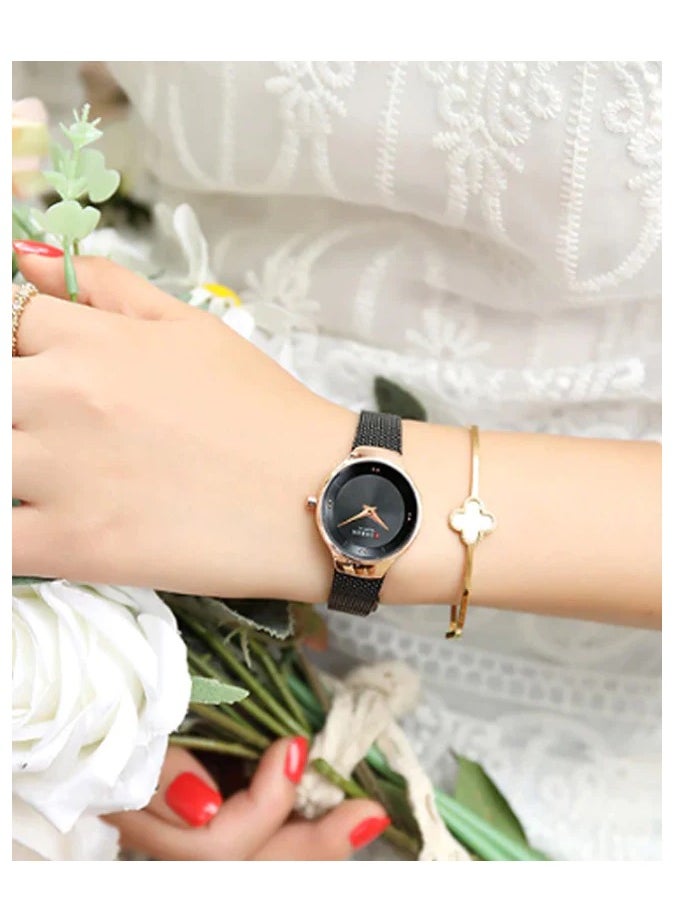 CURREN - Women's Waterproof Stainless Steel Mesh Band Quartz Watch 9028-Black - Image 1