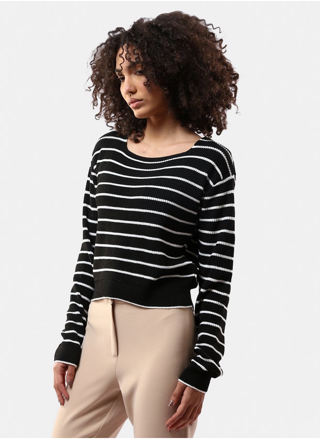 RAVIN Boat Neck Striped Black & White Casual Pullover 