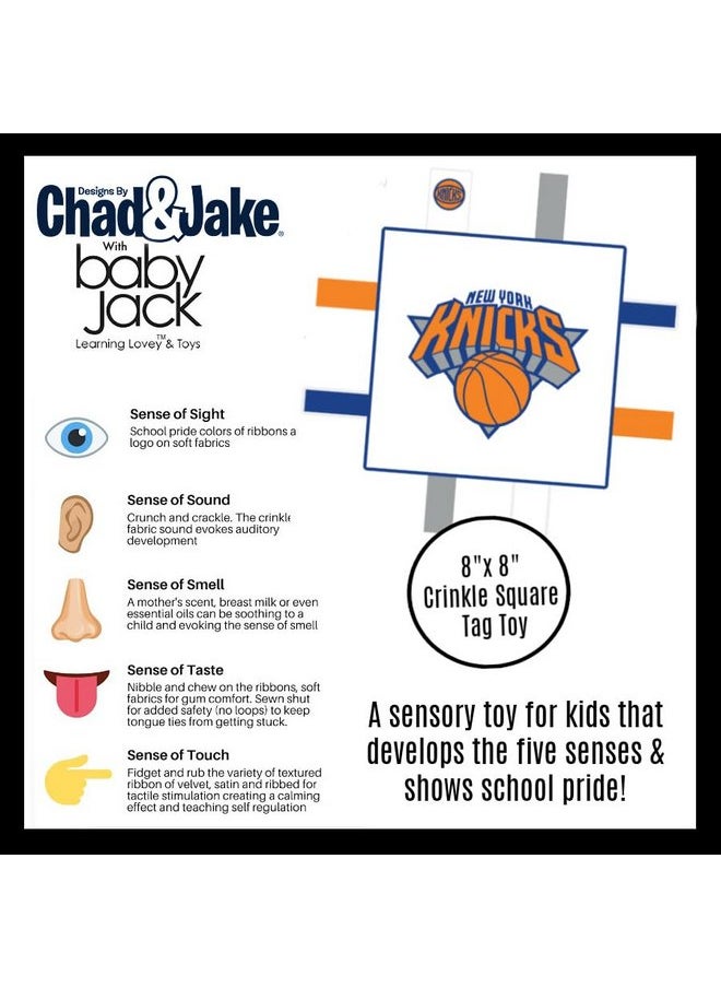 The Learning Lovey The Learning Lovey New York Knicks Baby Tag Toy - NBA Basketball - Baby Sensory Crinkle Toys - Soft & Safe - Ideal Baby Stroller Toy - BPA Free w/Stroller Clip (8 x 8 Tag Toy)  - Image 3
