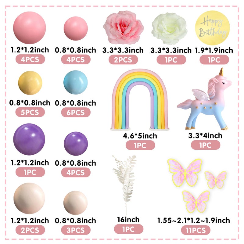 DRWATE 47 PCS Unicorn Cake Topper Unicorn Rainbow Cake Decorations with Rainbow Butterflies Unicorn Balls Happy Birthday Cake Decorations (Style 2) - Image 2