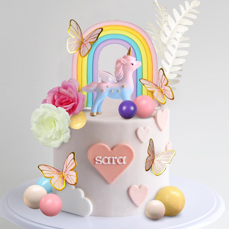 DRWATE 47 PCS Unicorn Cake Topper Unicorn Rainbow Cake Decorations with Rainbow Butterflies Unicorn Balls Happy Birthday Cake Decorations (Style 2) - Image 5