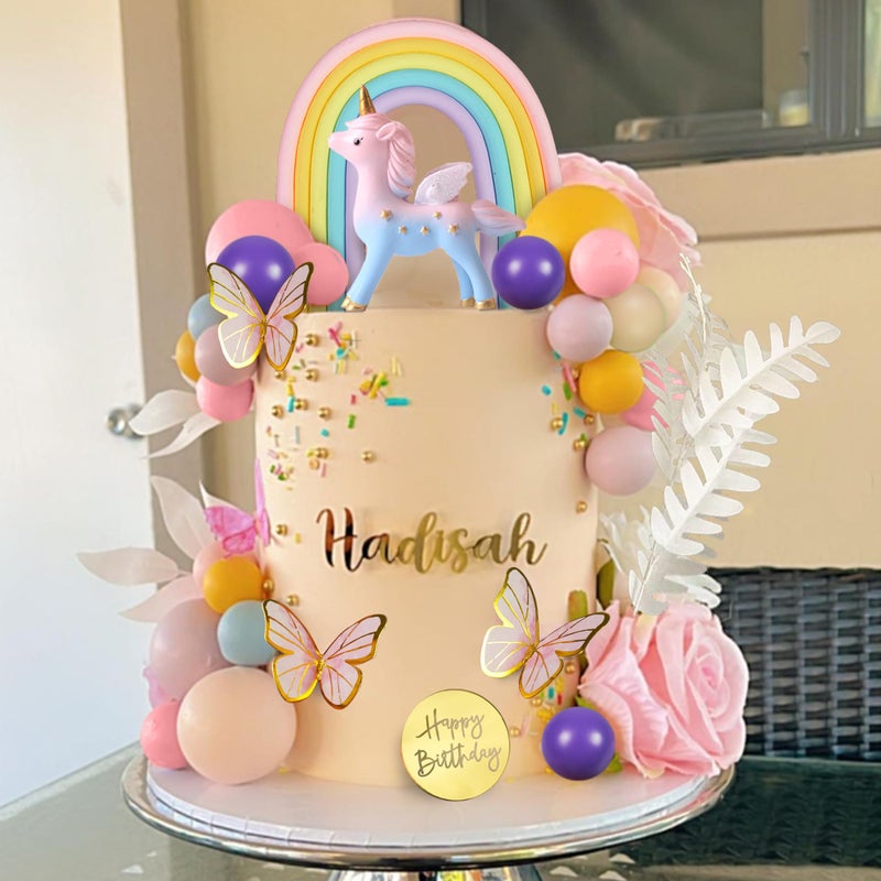 DRWATE 47 PCS Unicorn Cake Topper Unicorn Rainbow Cake Decorations with Rainbow Butterflies Unicorn Balls Happy Birthday Cake Decorations (Style 2) - Image 3