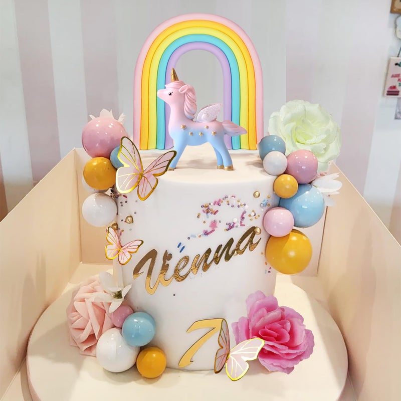 DRWATE 47 PCS Unicorn Cake Topper Unicorn Rainbow Cake Decorations with Rainbow Butterflies Unicorn Balls Happy Birthday Cake Decorations (Style 2) - Image 4
