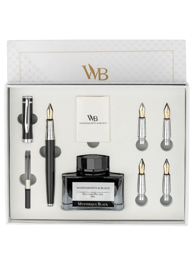 Wordsworth & Black Fountain Pen Gift Set, Includes Ink Bottle, 6 Ink Cartridges, Ink Refill Converter, 4 Replacement Nibs, Premium Package, Journaling, Calligraphy, Smooth Writing Pens [Black Chrome]  - Image 1
