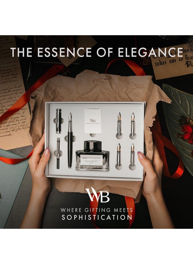Wordsworth & Black Fountain Pen Gift Set, Includes Ink Bottle, 6 Ink Cartridges, Ink Refill Converter, 4 Replacement Nibs, Premium Package, Journaling, Calligraphy, Smooth Writing Pens [Black Chrome]  - Image 2