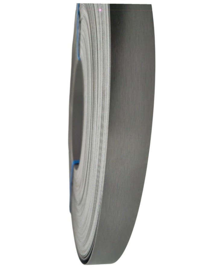 HME 8727 Metallic Stainless Steel PVC Edge Banding – 22mm x 1mm, 100m Roll | Brushed Finish Laminate Furniture Edge Finishing - Image 2