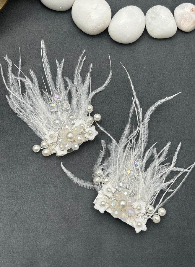 Twinsho Elegant White Feather Hair Clips with Pearls and Crystals, Bridal Hair Accessories, Wedding Whispering Feathers Hair Clip for girls and women - Image 2