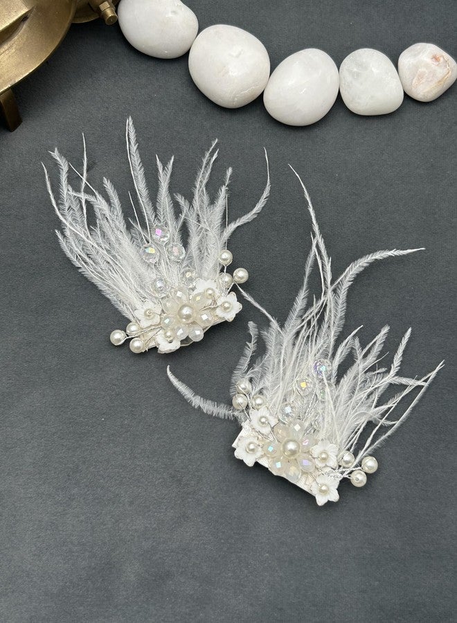 Twinsho Elegant White Feather Hair Clips with Pearls and Crystals, Bridal Hair Accessories, Wedding Whispering Feathers Hair Clip for girls and women - Image 1