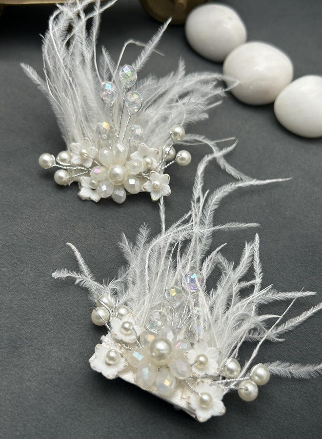 Twinsho Elegant White Feather Hair Clips with Pearls and Crystals, Bridal Hair Accessories, Wedding Whispering Feathers Hair Clip for girls and women - Image 3