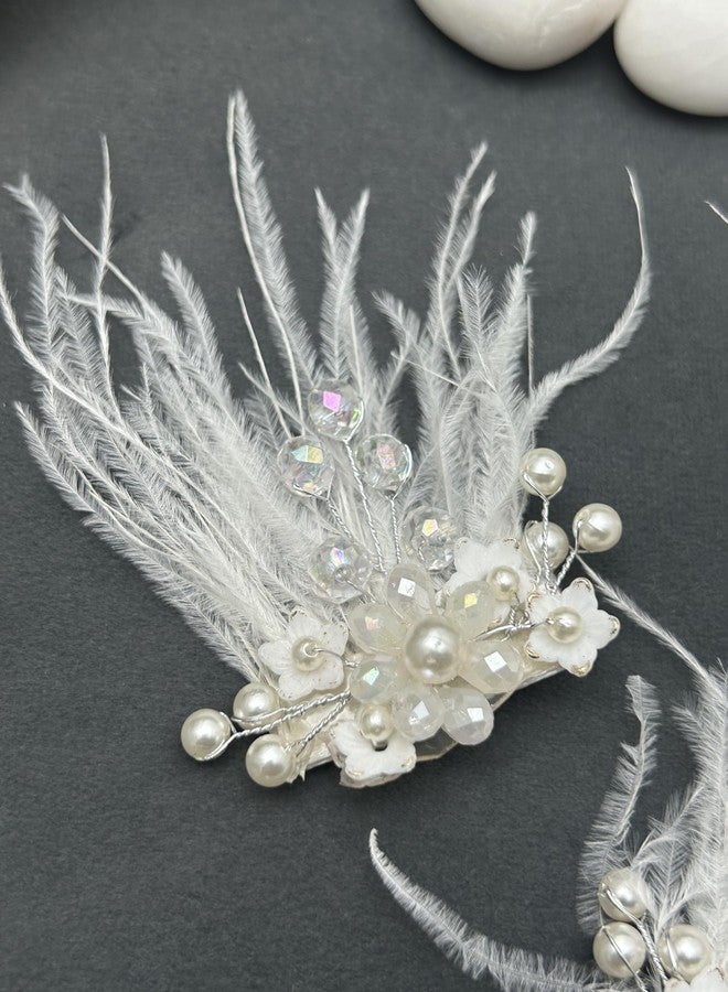 Twinsho Elegant White Feather Hair Clips with Pearls and Crystals, Bridal Hair Accessories, Wedding Whispering Feathers Hair Clip for girls and women - Image 4