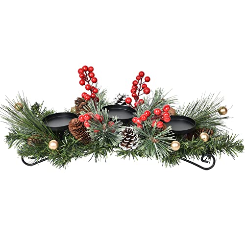 DearHouse Christmas Candle Holder Centerpiece Pine Cones and Red Gold Berry Table Centerpiece with 3 Candle Holders Table Accent Centerpiece for Festival Home Decoration22 x10 x5L x W x H - Image 1
