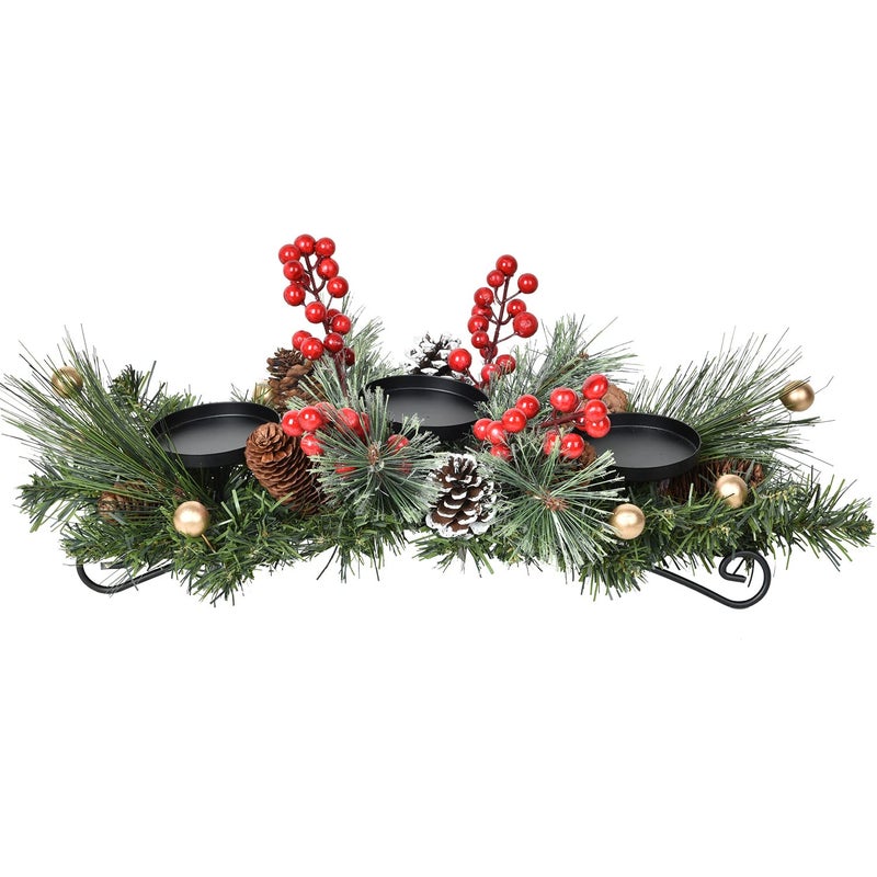 DearHouse Christmas Candle Holder Centerpiece Pine Cones and Red Gold Berry Table Centerpiece with 3 Candle Holders Table Accent Centerpiece for Festival Home Decoration22 x10 x5L x W x H - Image 2