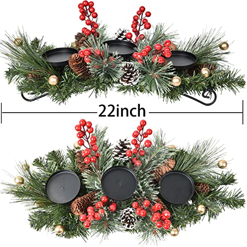 DearHouse Christmas Candle Holder Centerpiece Pine Cones and Red Gold Berry Table Centerpiece with 3 Candle Holders Table Accent Centerpiece for Festival Home Decoration22 x10 x5L x W x H - Image 3