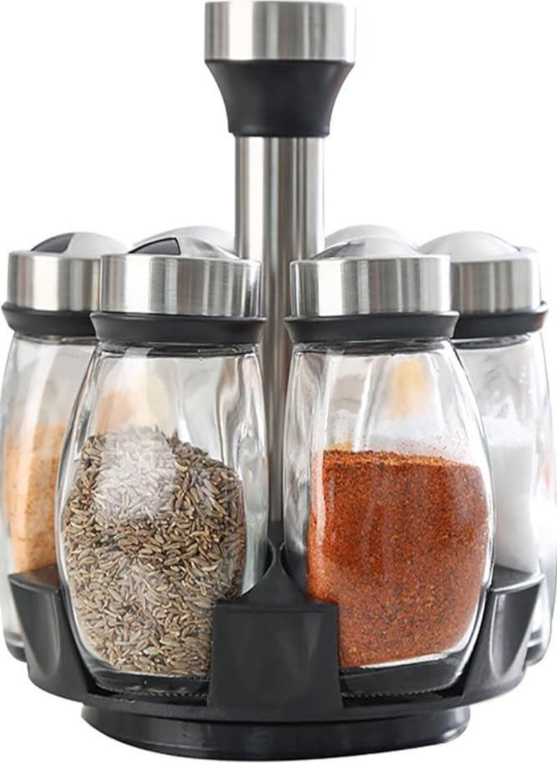 حامل توابل دوار للمطبخ | مجموعة برطمانات زجاجية مكونة من 7 قطع للأعشاب والملح والمزيد مع حامل دوار - Image 1