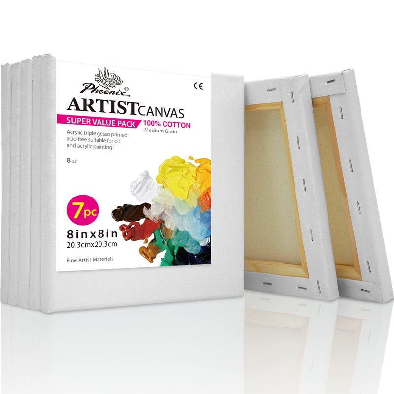 PHOENIX Stretched Canvas for Painting 8x8 Inch/7 Value Pack, 8 Oz Triple Primed 5/8 Inch Profile 100% Cotton White Blank Canvas, Square Framed Canvas for Oil Acrylic & Pouring Art - Image 1