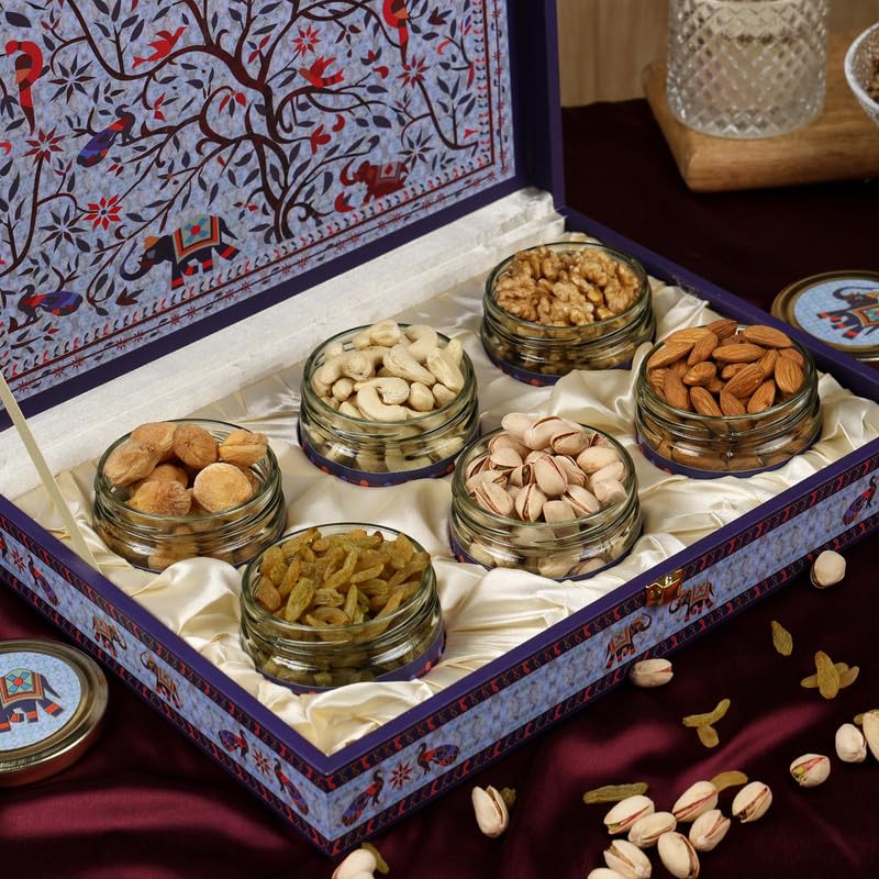 RIWAZ RIWAZ Luxury Blue Beauty Peacock Giftboxfilled Almonds Cashew Pistachio Walnuts Raisins Khumani6 airtight Jars A Thoughtful Present for Corporates Wedding Festival Gifting  - Image 2