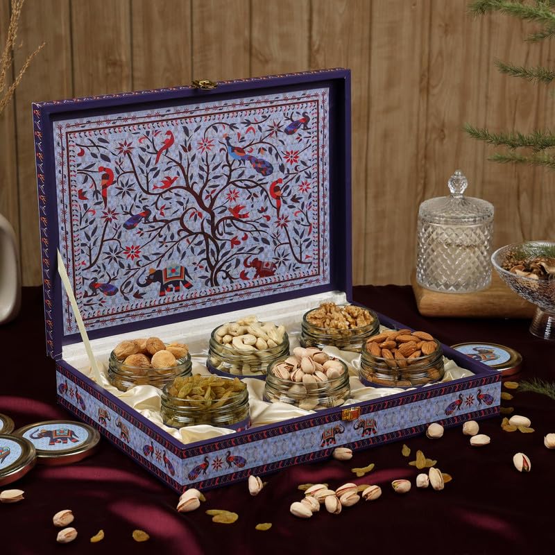 RIWAZ RIWAZ Luxury Blue Beauty Peacock Giftboxfilled Almonds Cashew Pistachio Walnuts Raisins Khumani6 airtight Jars A Thoughtful Present for Corporates Wedding Festival Gifting  - Image 1