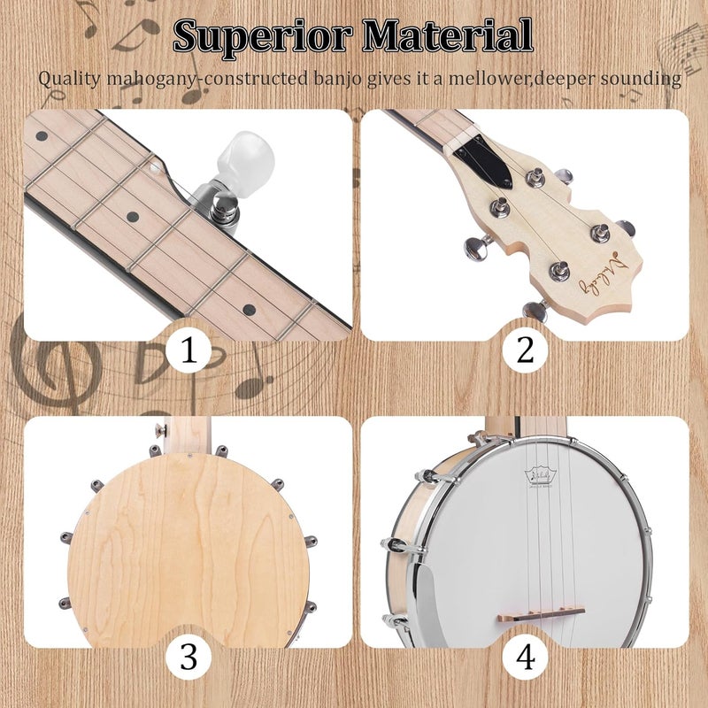 Mulucky 5 String Banjo Mini - 26 Inch Travel Banjo Maple, Closed Solid Back Beginner Kit With Gig Bag Tuner Picks Strings Strap - B805 - Image 4
