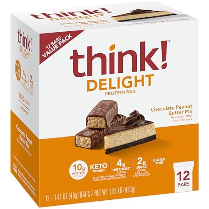 think! Delight Protein Bars, Chocolate Peanut Butter Pie, Low Sugar & Low Carb Gluten-Free Snack, Keto Friendly Snacks, 12 Count (Packaging May Vary) - Image 1